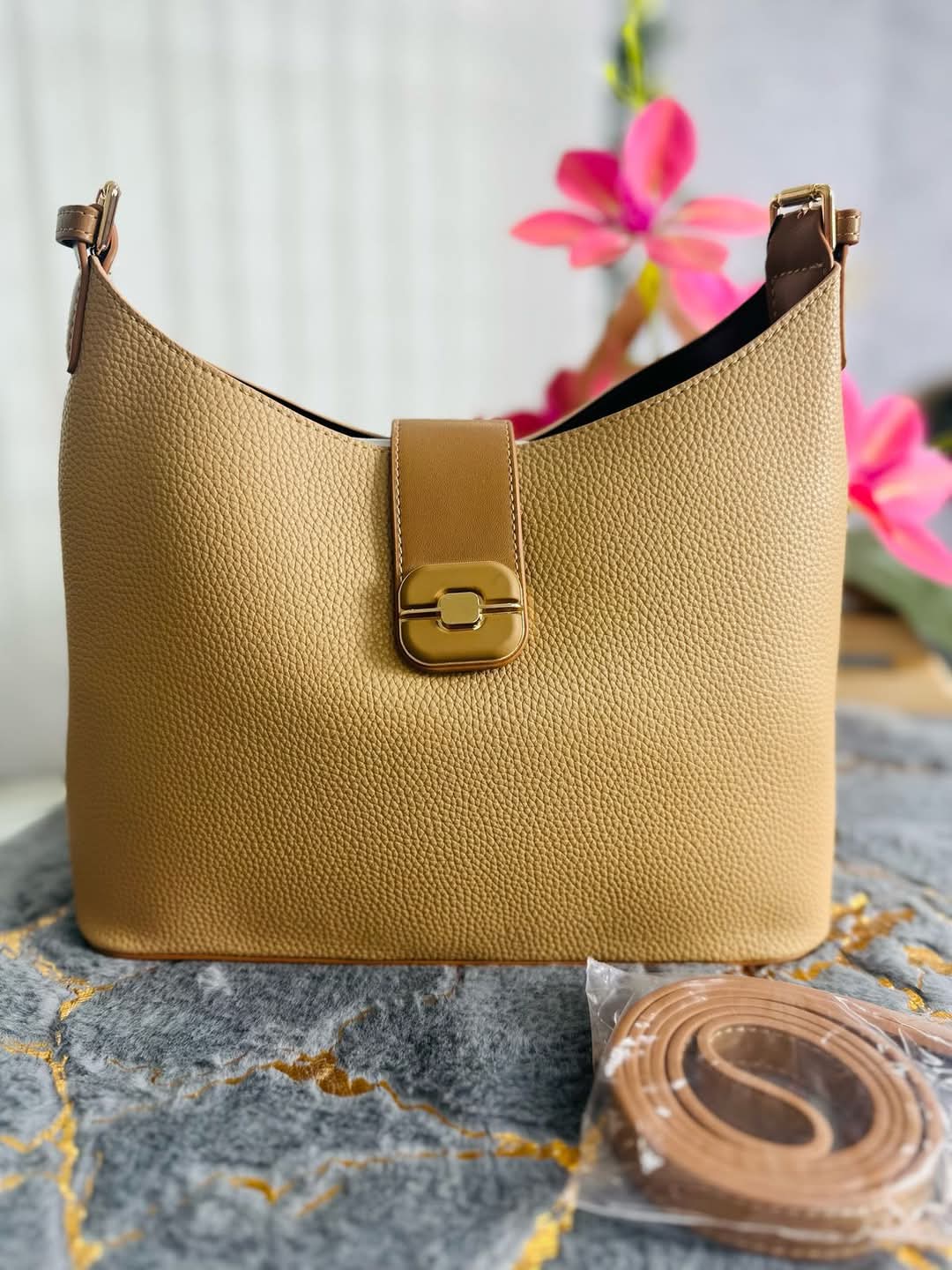 Aibeini Synthetic Leather Shoulder Khaki Colour Bag