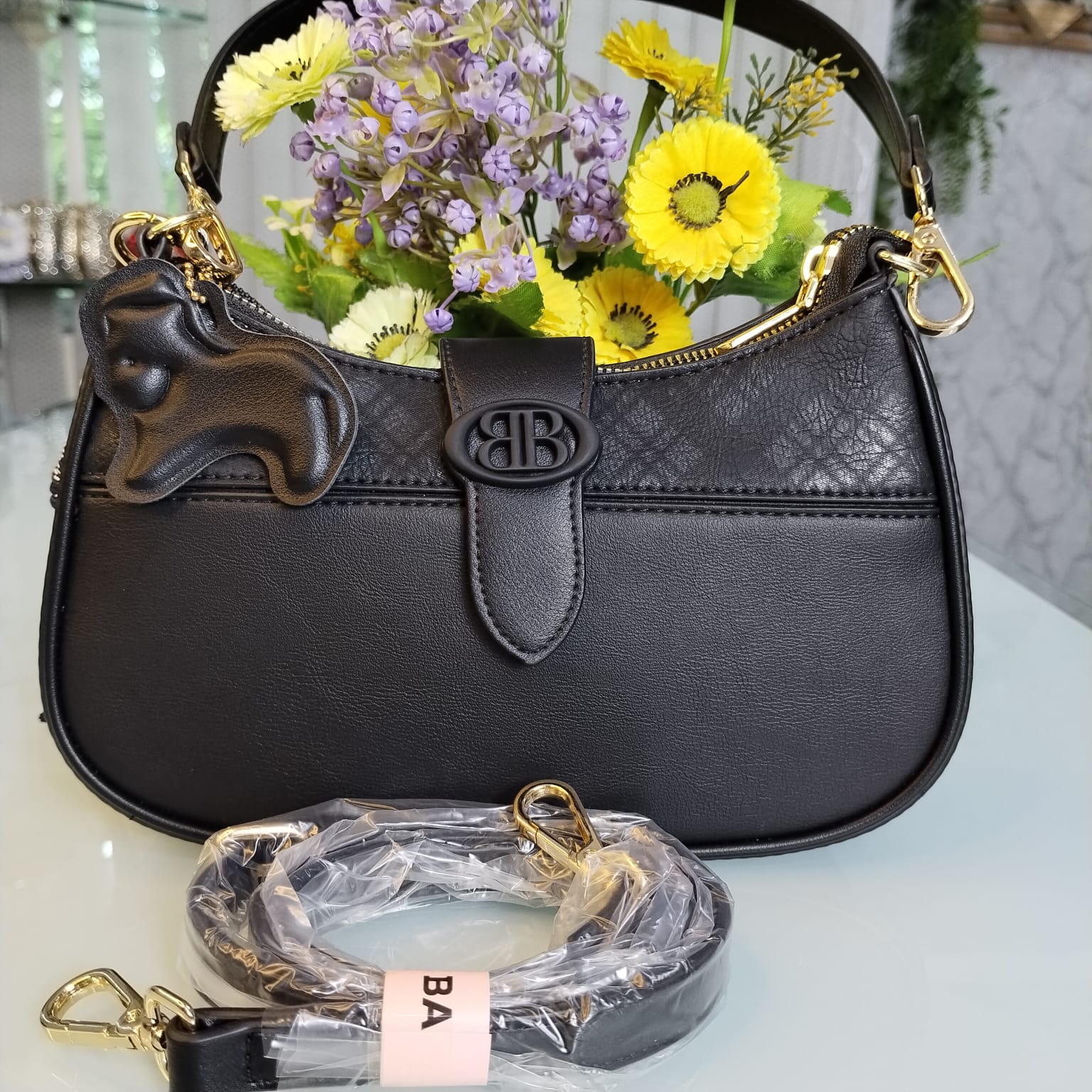 Bagco Brand Premium Hand Bag with Long Belt – Black