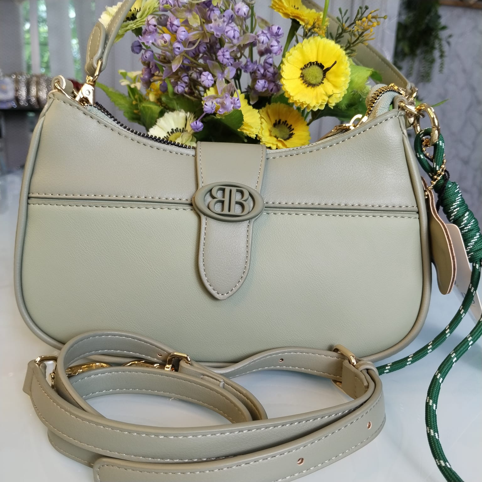 Bagco Brand Premium Hand Bag with Long Belt – Light Green