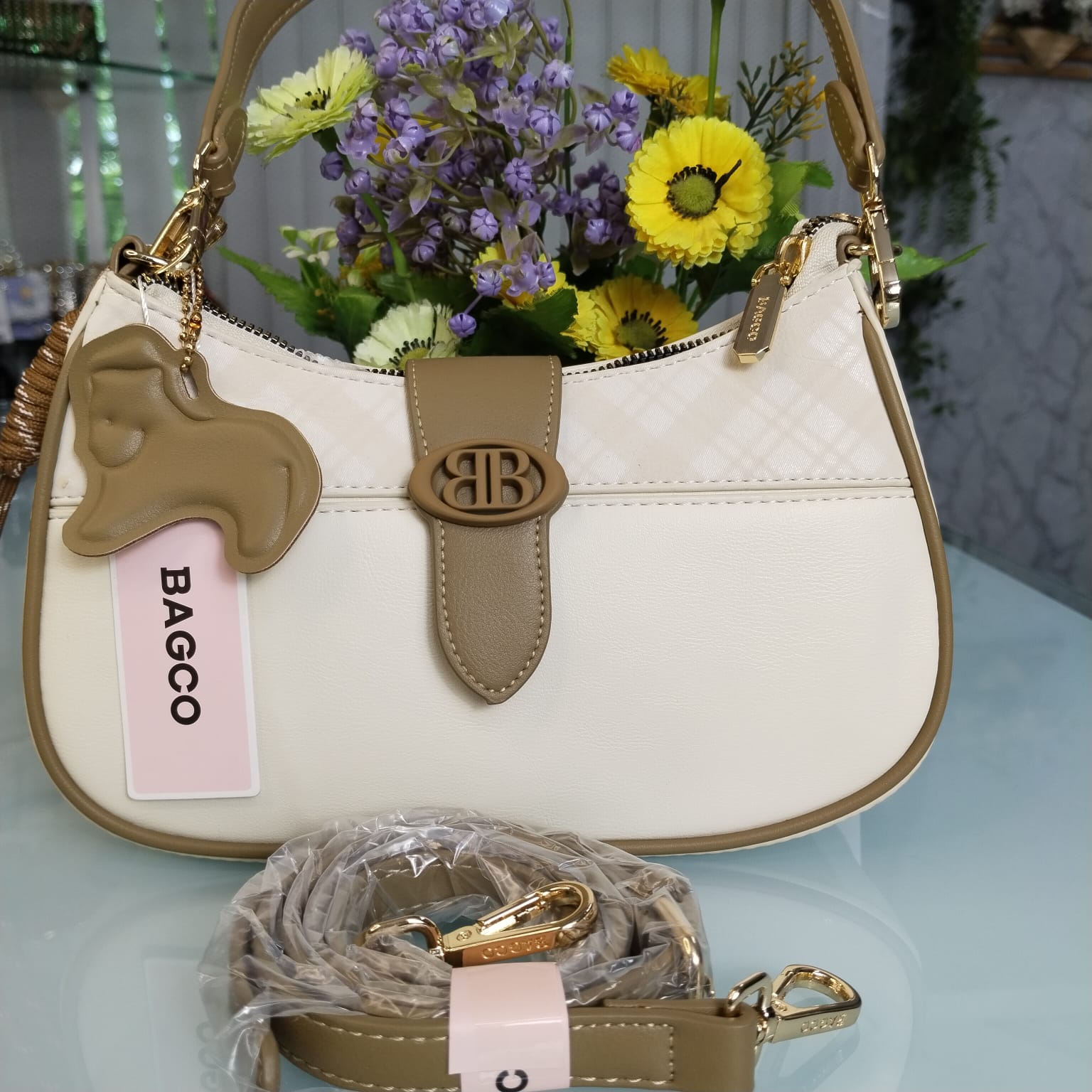 Bagco Brand Premium Hand Bag with Long Belt – White
