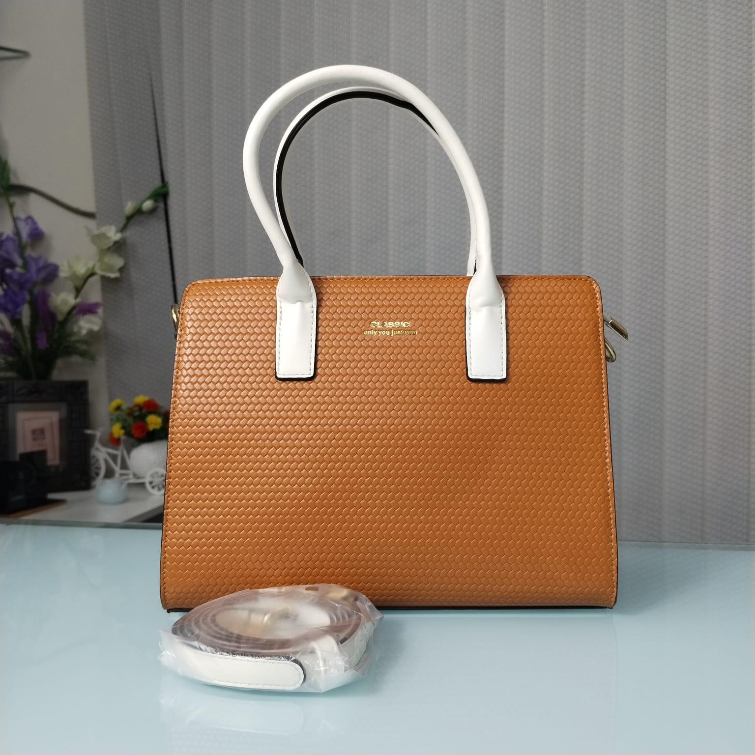 Classic Brand Luxurious Handbag with Long Belt- 8.5” × 10.5”
