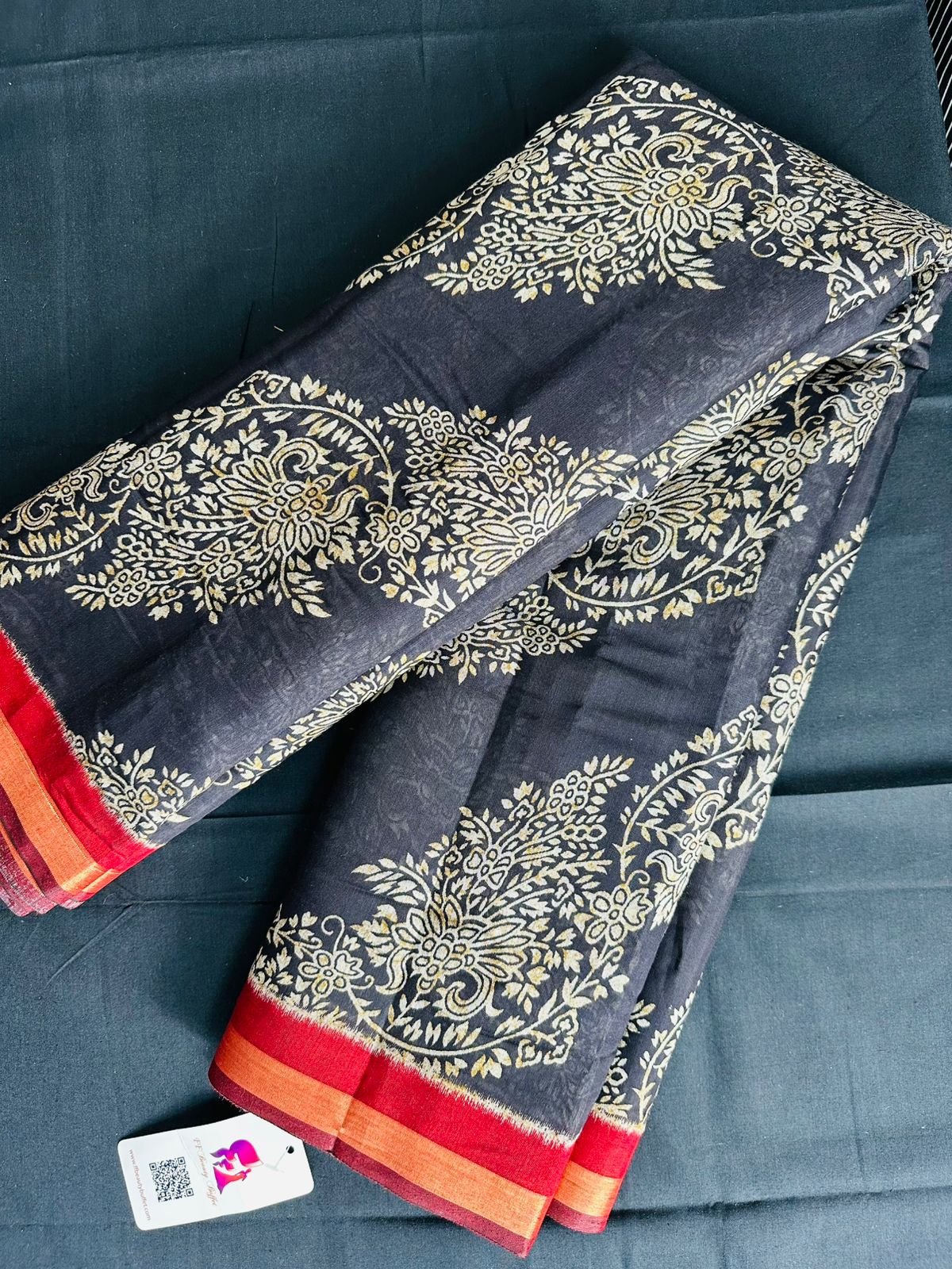 Elegant Maheshwari Ajrakh Print Saree with Golden Floral Motifs & Red Zari Border