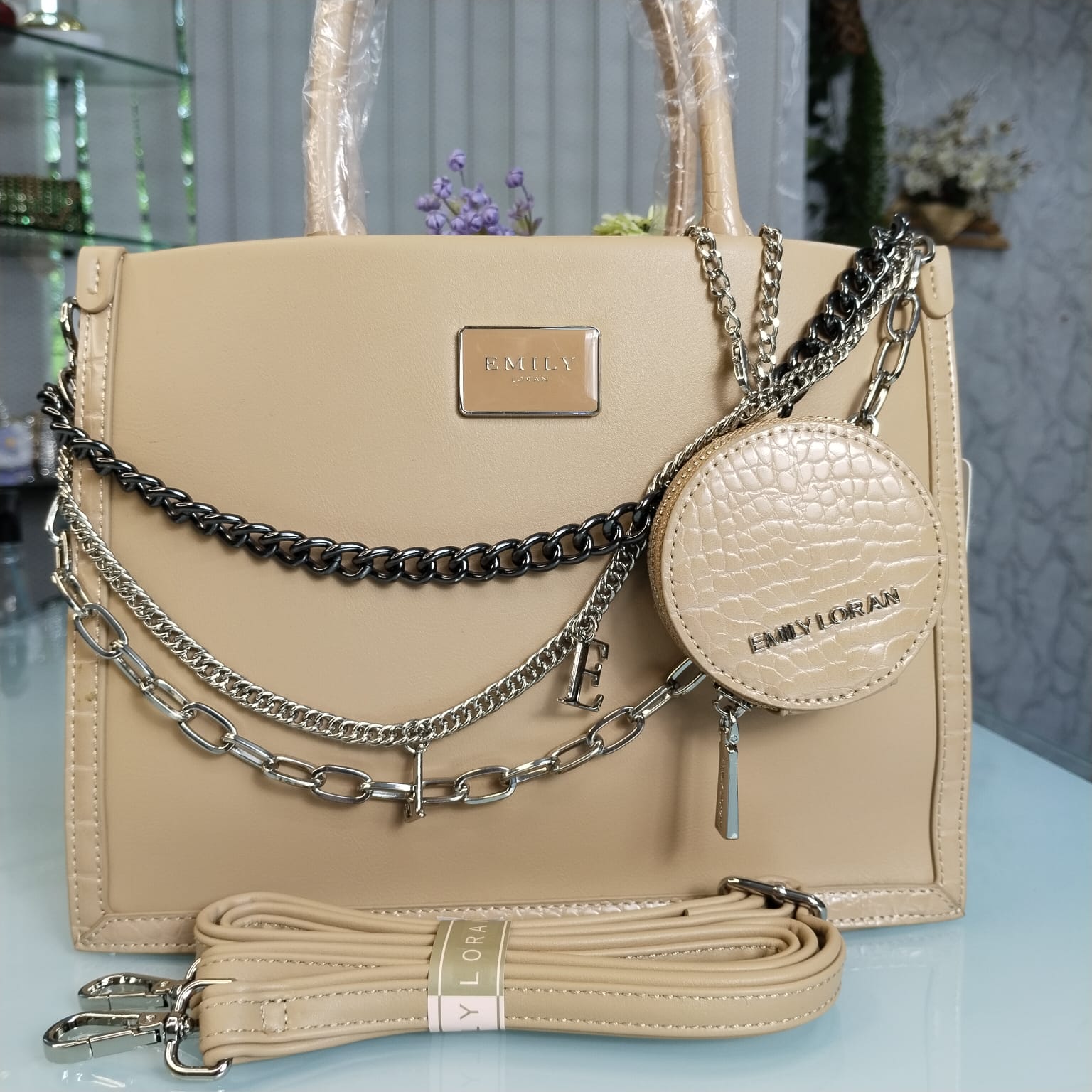 Emily Loran Brand Luxurious Hand Bag with Long Belt – Apricot