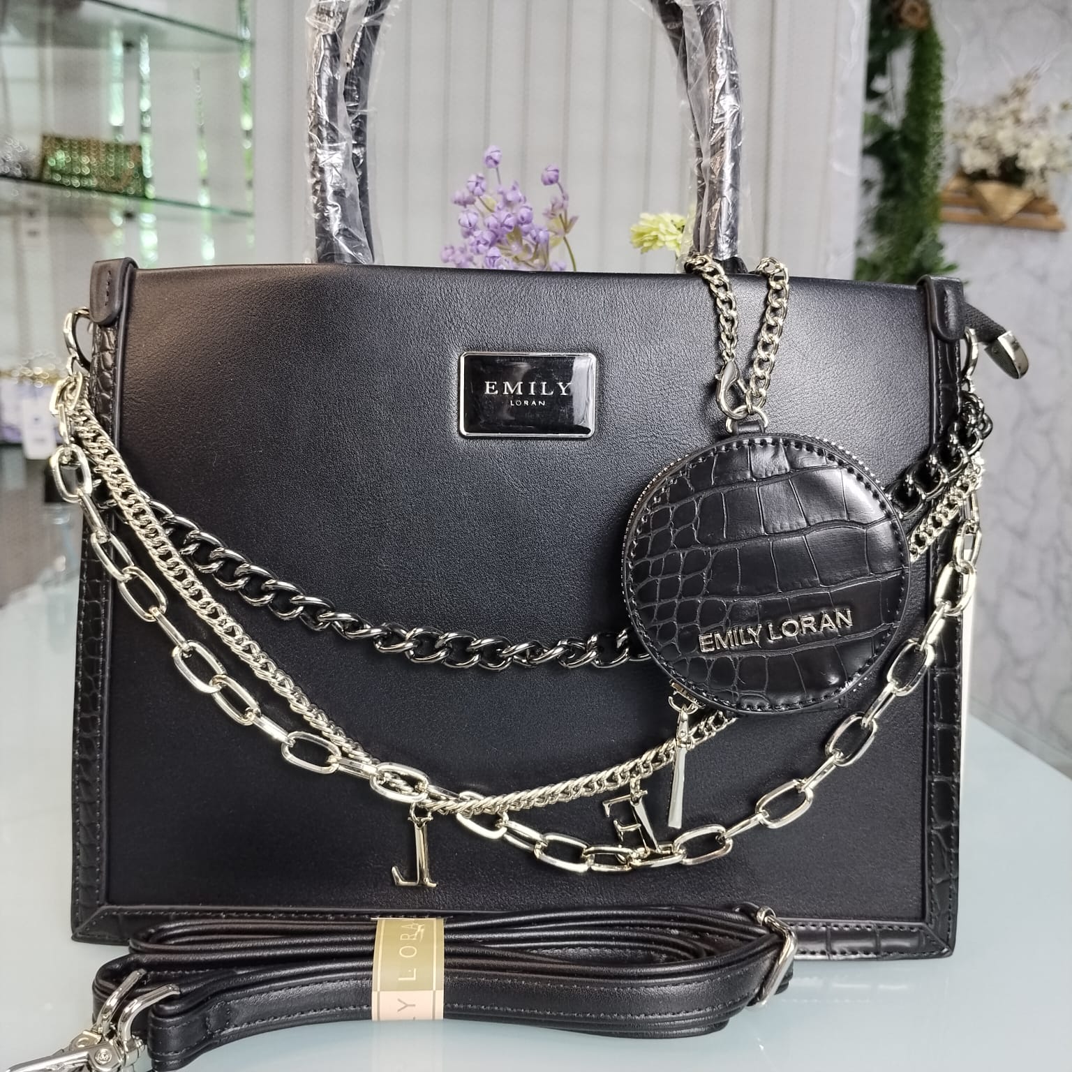 Emily Loran Brand Luxurious Hand Bag with Long Belt – Black