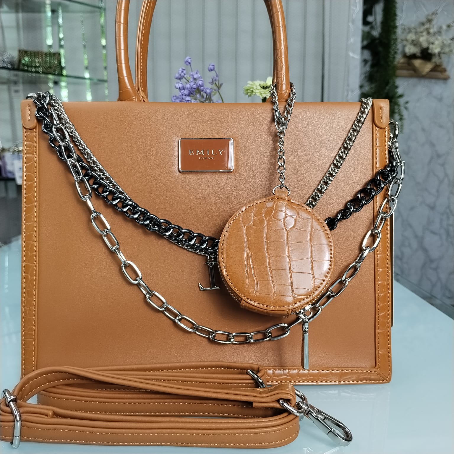 Emily Loran Brand Luxurious Hand Bag with Long Belt – Brown