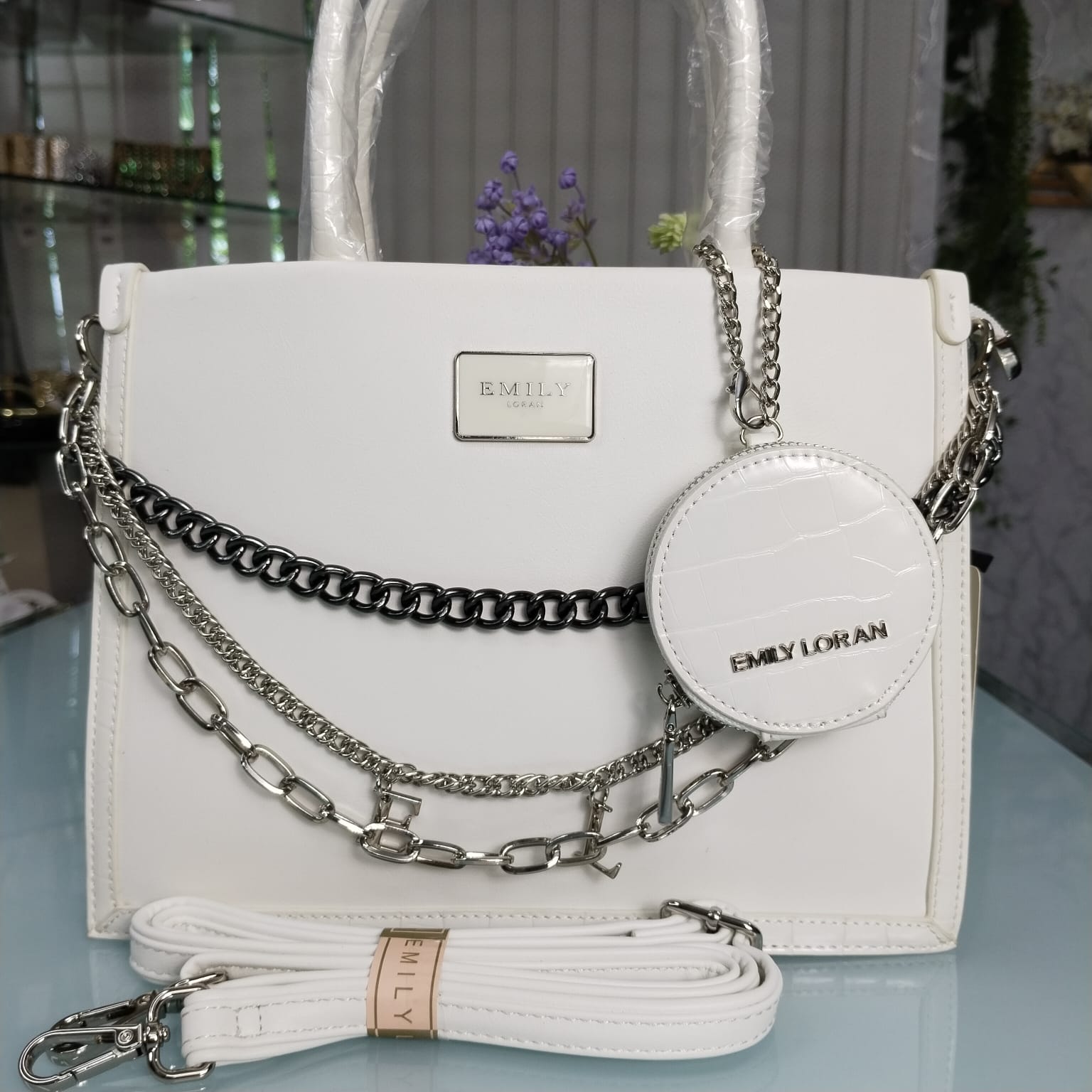 Emily Loran Brand Luxurious Hand Bag with Long Belt – White