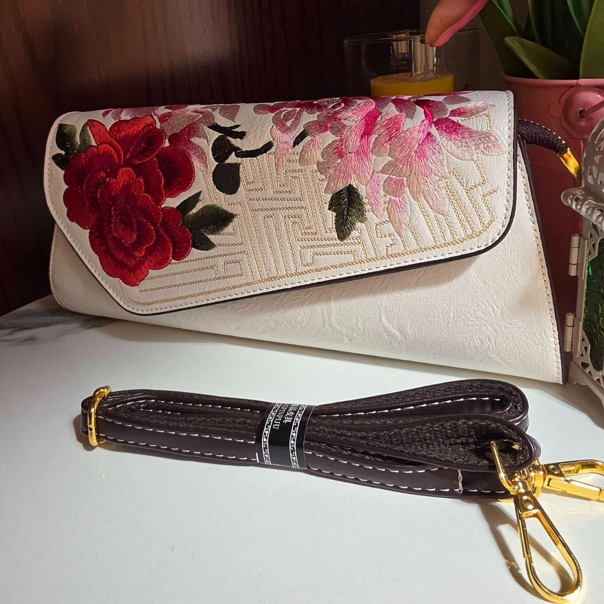 Floral Embroidery Hand Purse with Long Belt (2868)