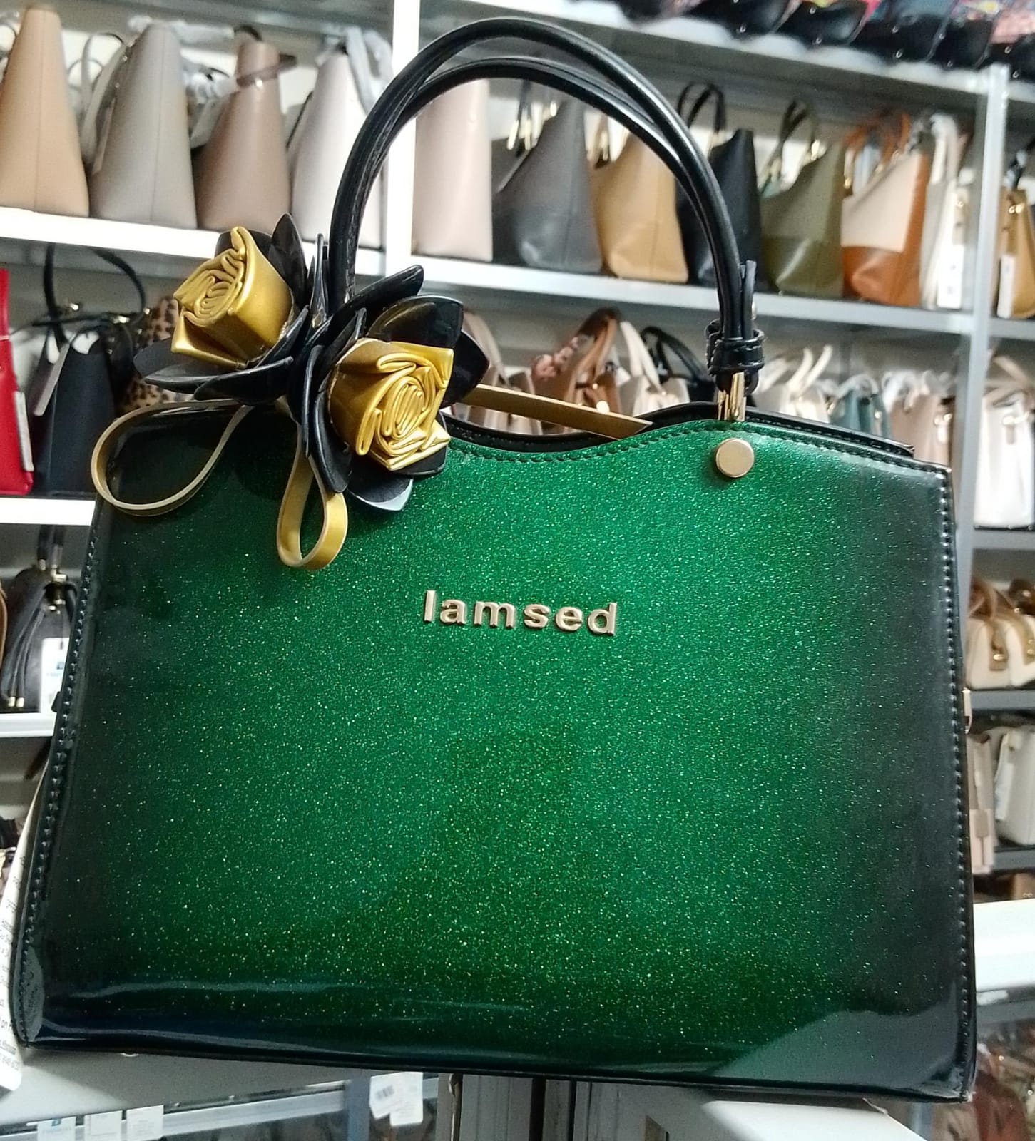 M LAMSED Glossy Black & Green Bag