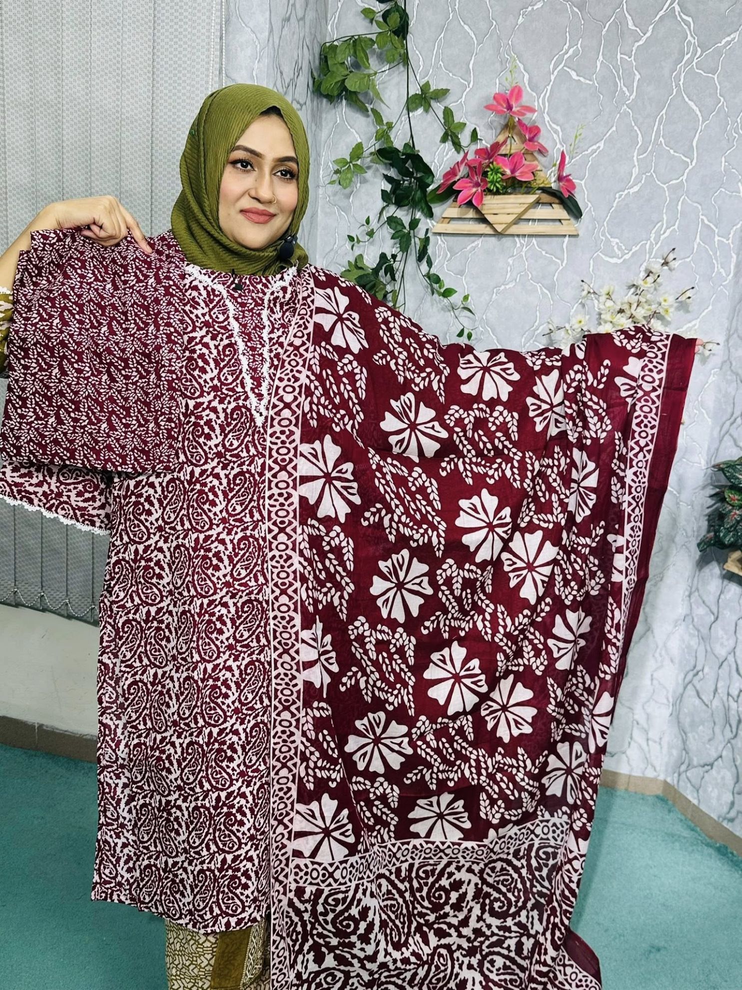 Nokshi Cotton Fabrics Maroon Printed Three_pecs