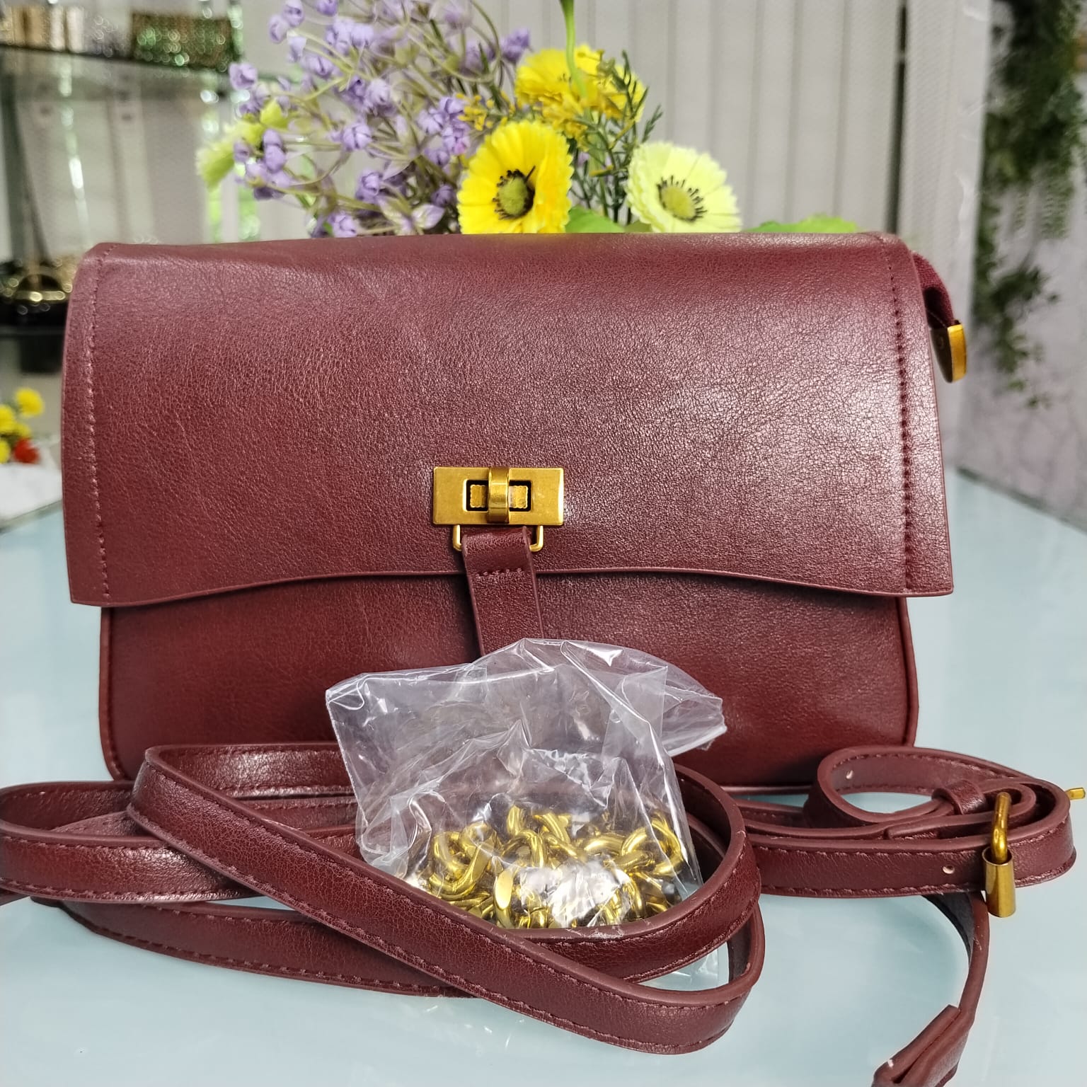 Original Premium Leather Hand Bag with Long Belt – Maroon