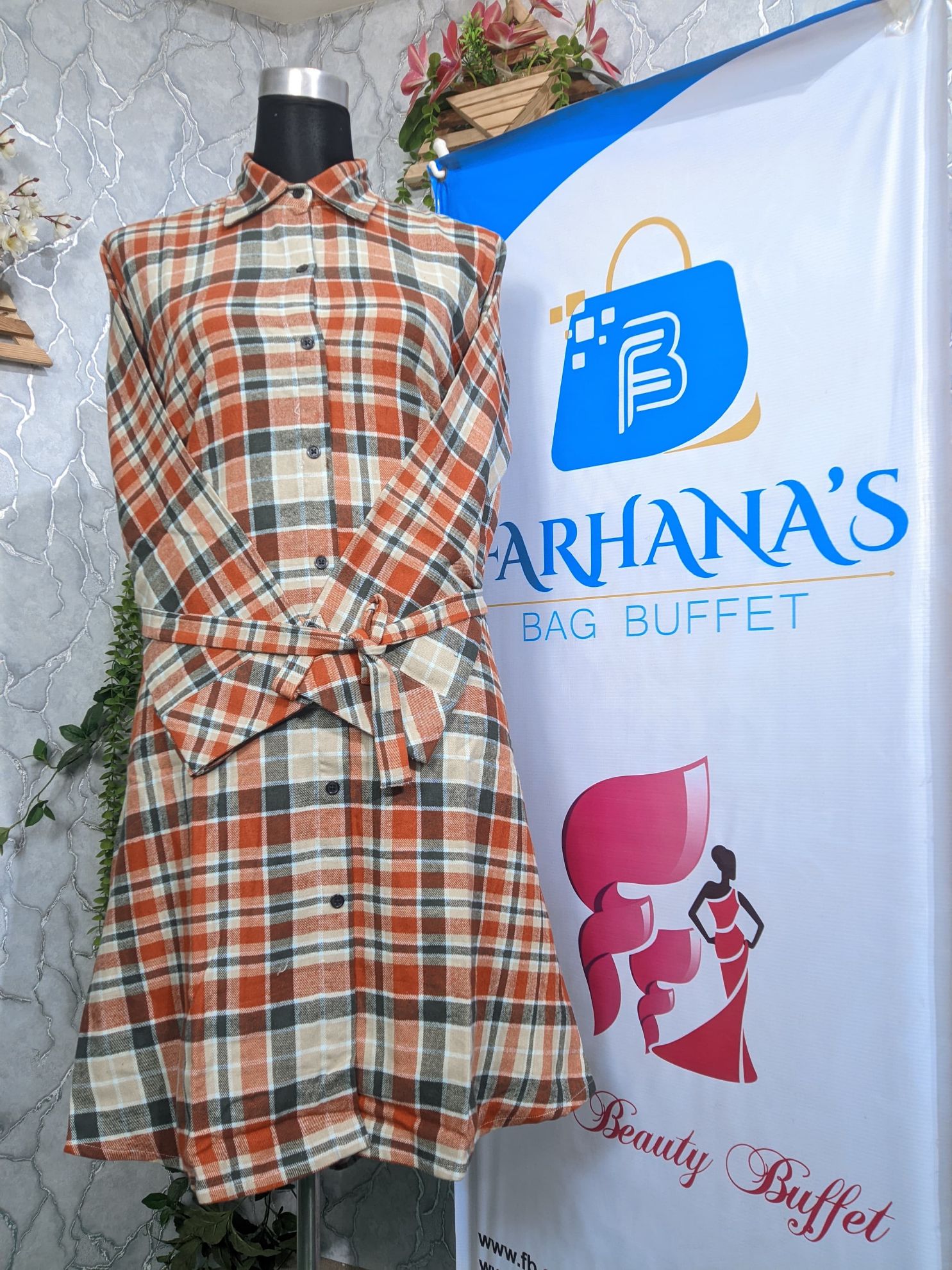 Plaid Flannel Shacket Loose Fit Long Shirts Jacket Tartan Oversized Coat Orange & Brown