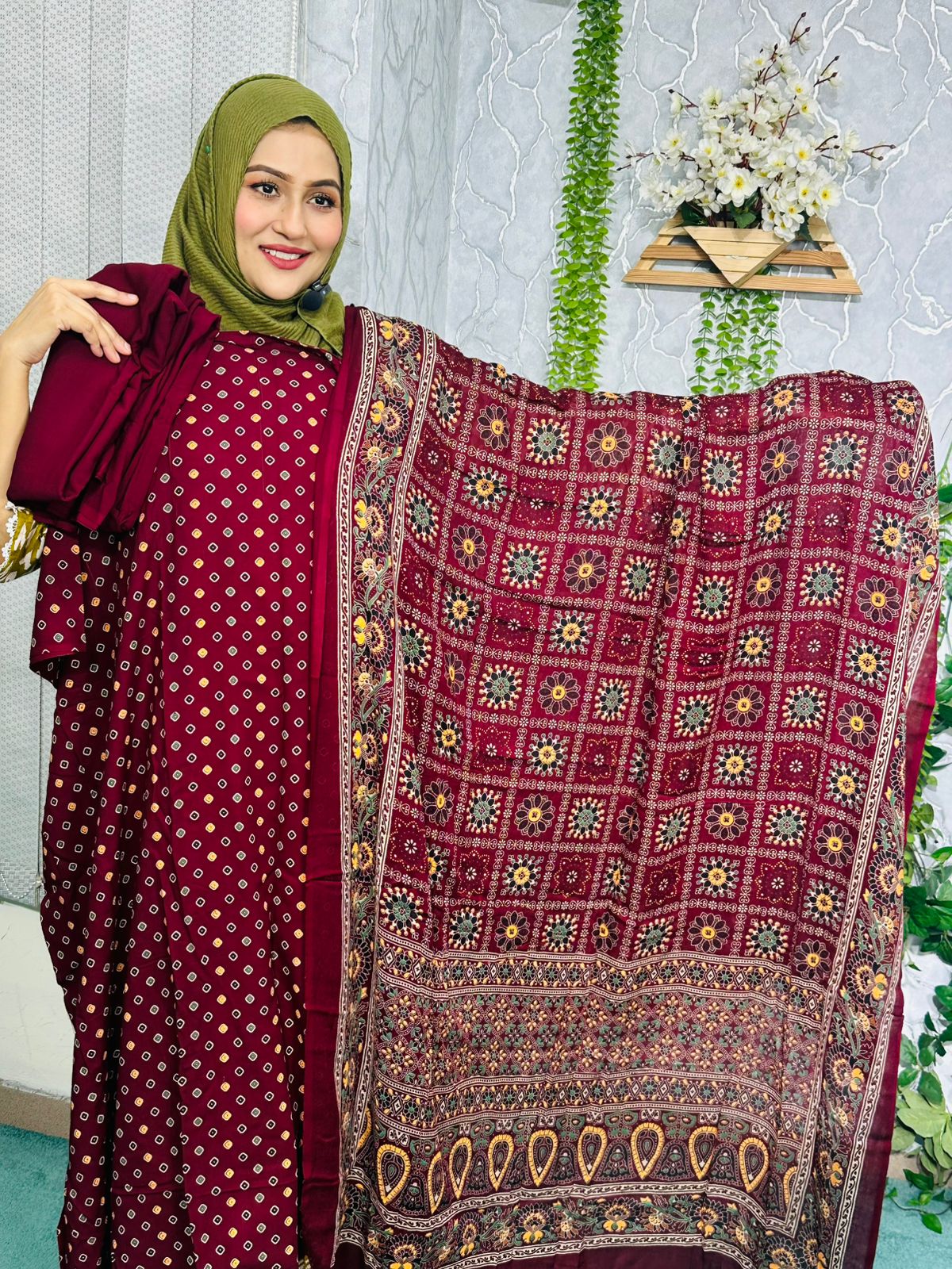 Rayon Indian Cotton Fabrics Maroon & Multi Colour