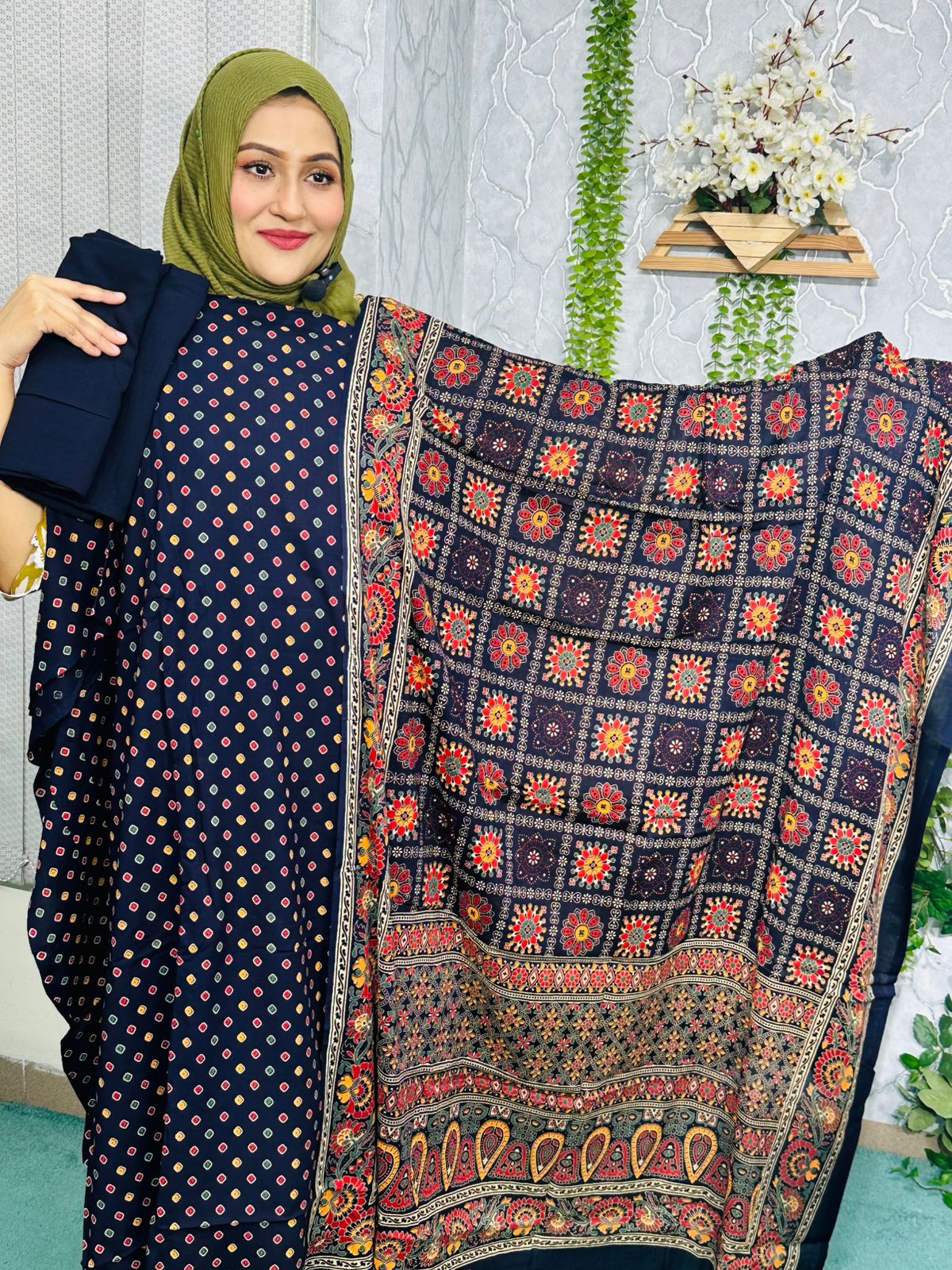 Rayon Indian Cotton Fabrics Royel Blue & Multi Colour