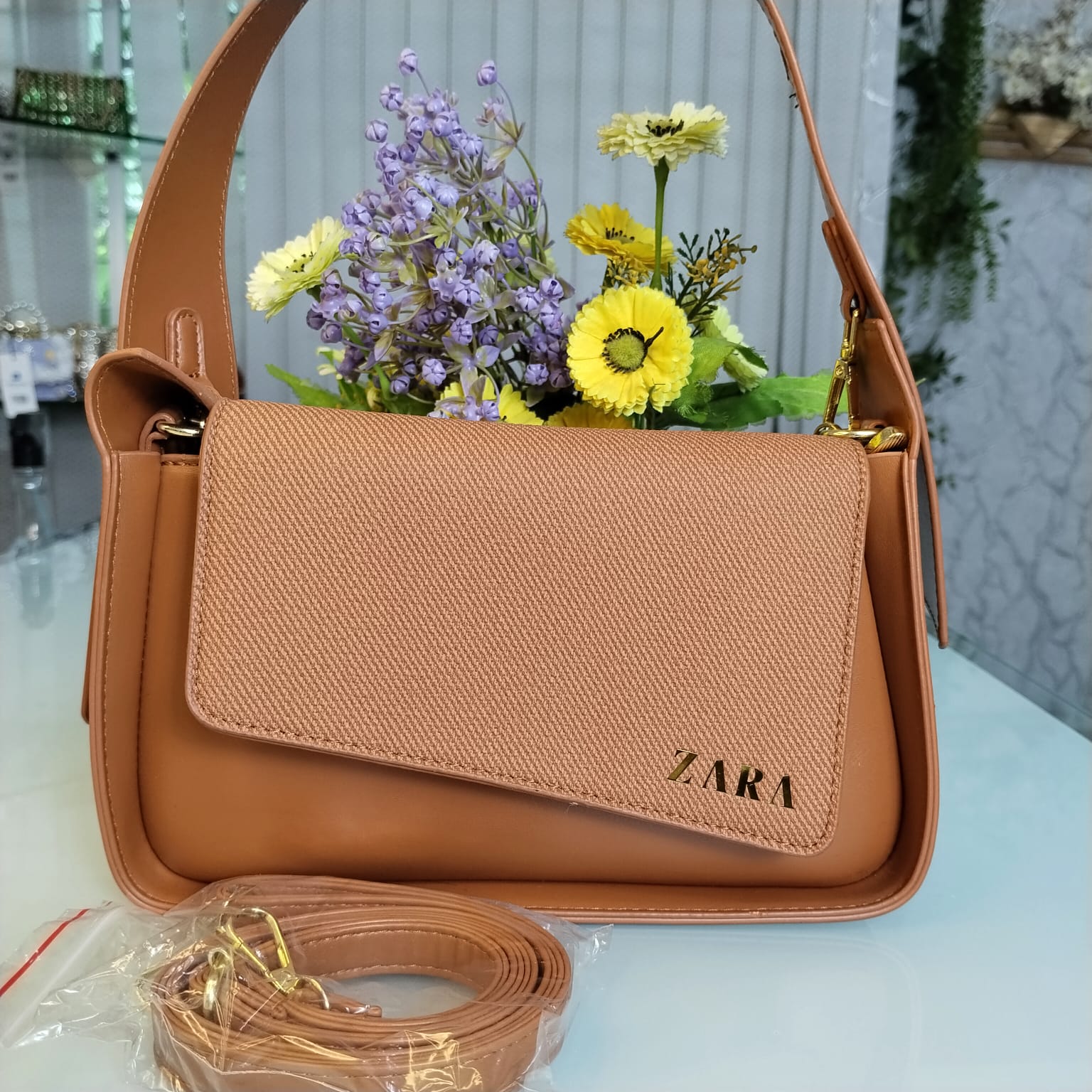 Zara Brand Lusarious Hand Bag with Long Belt – Brown
