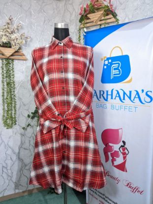 Picture of Plaid Flannel Shacket Loose Fit Long Shirts Jacket Tartan Oversized Coat Red & White