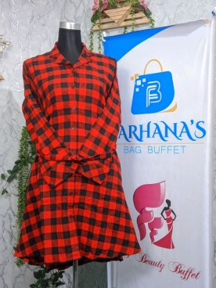 Picture of Plaid Flannel Shacket Loose Fit Long Shirts Jacket Tartan Oversized Coat Red & Black 