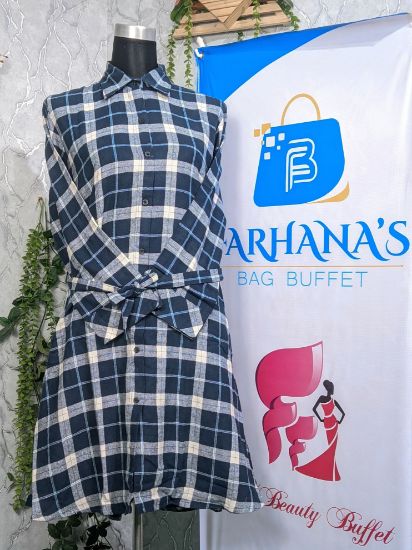 Picture of Plaid Flannel Shacket Loose Fit Long Shirts Jacket Tartan Oversized Coat Blue & White