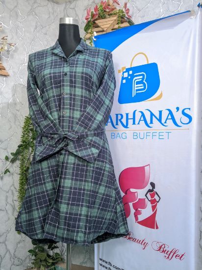 Picture of Plaid Flannel Shacket Loose Fit Long Shirts Jacket Tartan Oversized Coat Blue & Green 